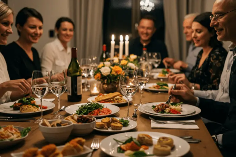 How to host a successful dinner party with an elegant table setting, including appetizers, main dishes, and dessert, surrounded by soft lighting, fresh flowers, and smiling guests in a warm atmosphere.