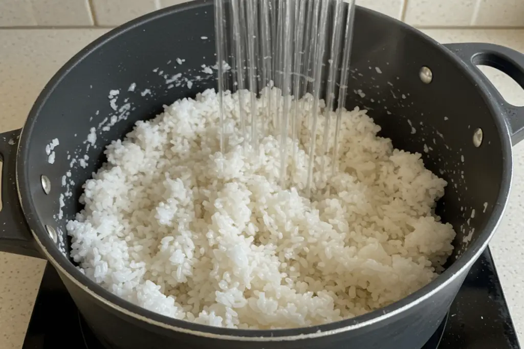 Freshly cooked sushi rice being rinsed and seasoned with vinegar, sugar, and salt, ready for sushi rolling.