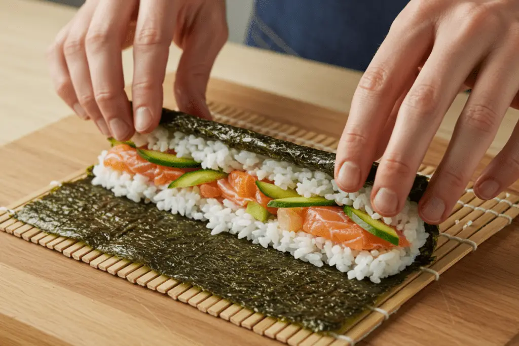 A sushi roll being formed using a bamboo mat, filled with sushi rice, fresh fish, and veggies, ready to be sliced.