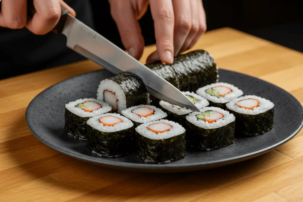 Sushi rolls being sliced into bite-sized pieces, showcasing perfect cuts with a sharp knife.