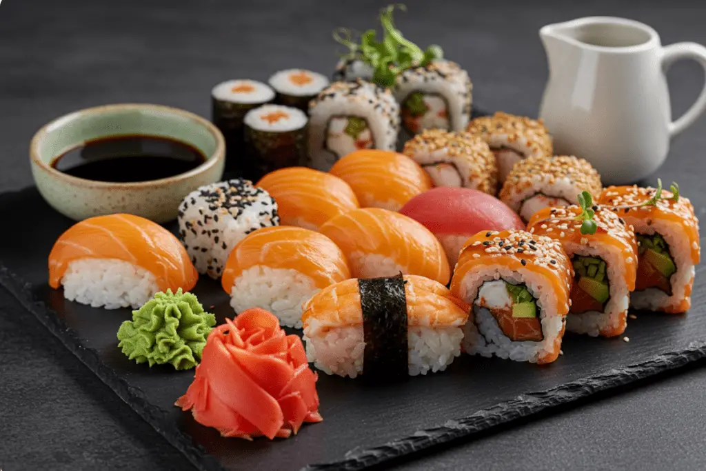 A beautifully arranged sushi platter with assorted rolls, pickled ginger, wasabi, and soy sauce, ready for serving.