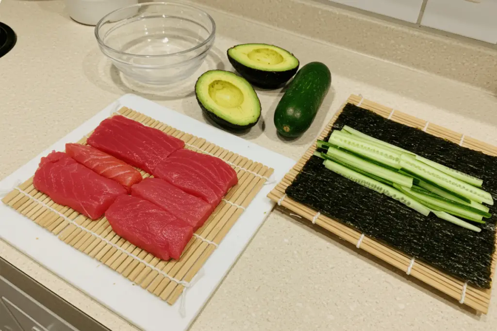 A well-organized sushi-making workspace with ingredients like fresh fish, vegetables, and a bamboo sushi mat, set up for easy assembly.