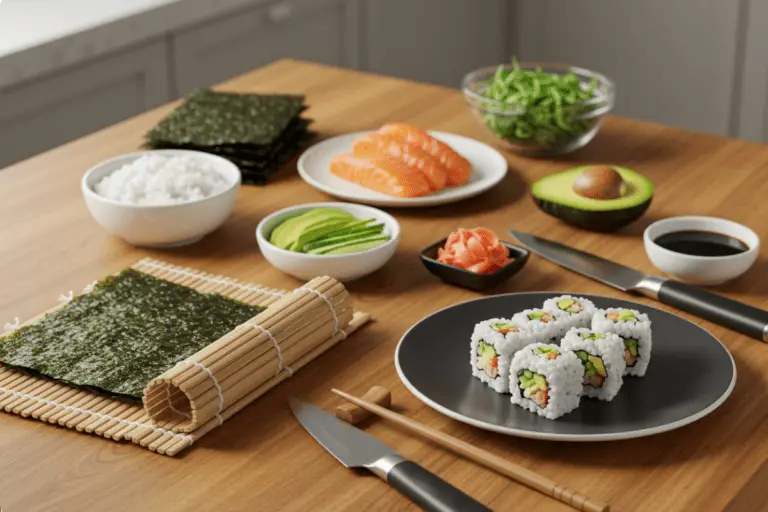 How to make your own sushi with fresh fish, avocado, cucumber, and sushi rice, using a bamboo mat to roll and served with soy sauce, pickled ginger, and wasabi in a clean kitchen setting.