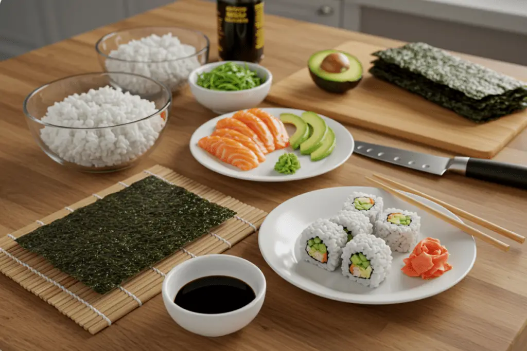 How to make your own sushi with fresh fish, avocado, cucumber, and sushi rice, using a bamboo mat to roll and served with soy sauce, pickled ginger, and wasabi in a clean kitchen setting.