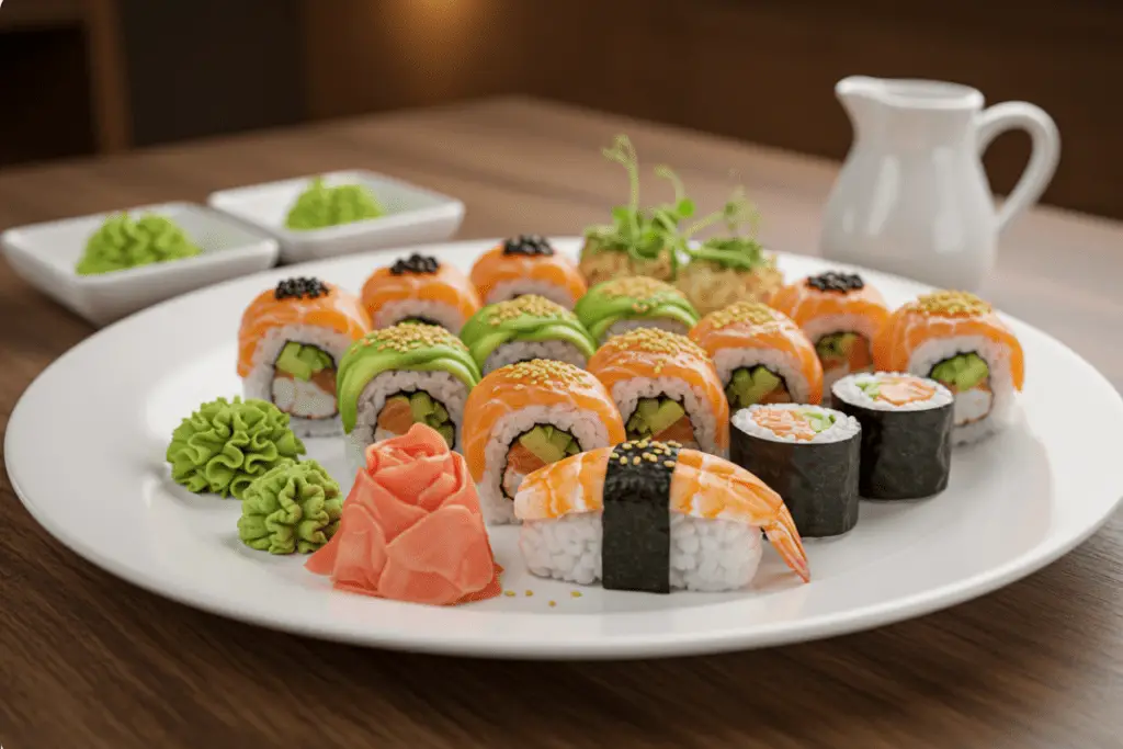 A beautifully arranged sushi platter with assorted rolls, pickled ginger, wasabi, and soy sauce, ready for serving.