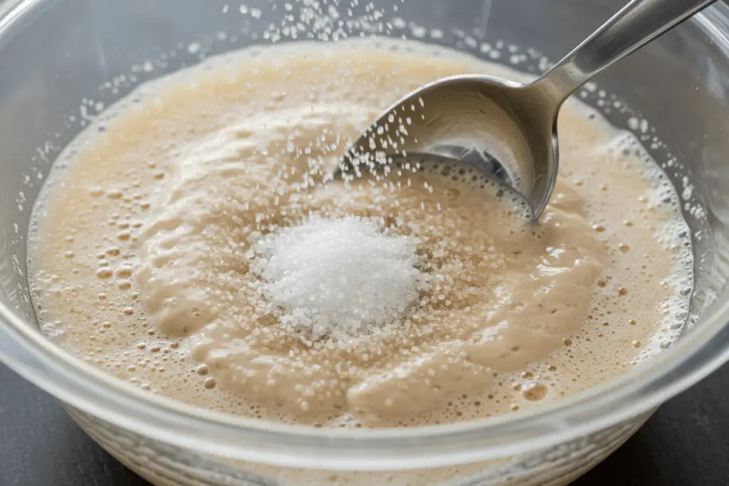 A bowl of warm water and yeast foaming as it activates, an essential step for creating light and airy pizza dough.