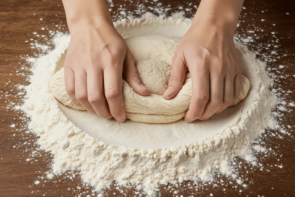 Flour and yeast mixture being kneaded on a wooden surface, creating a smooth and elastic Italian pizza dough.