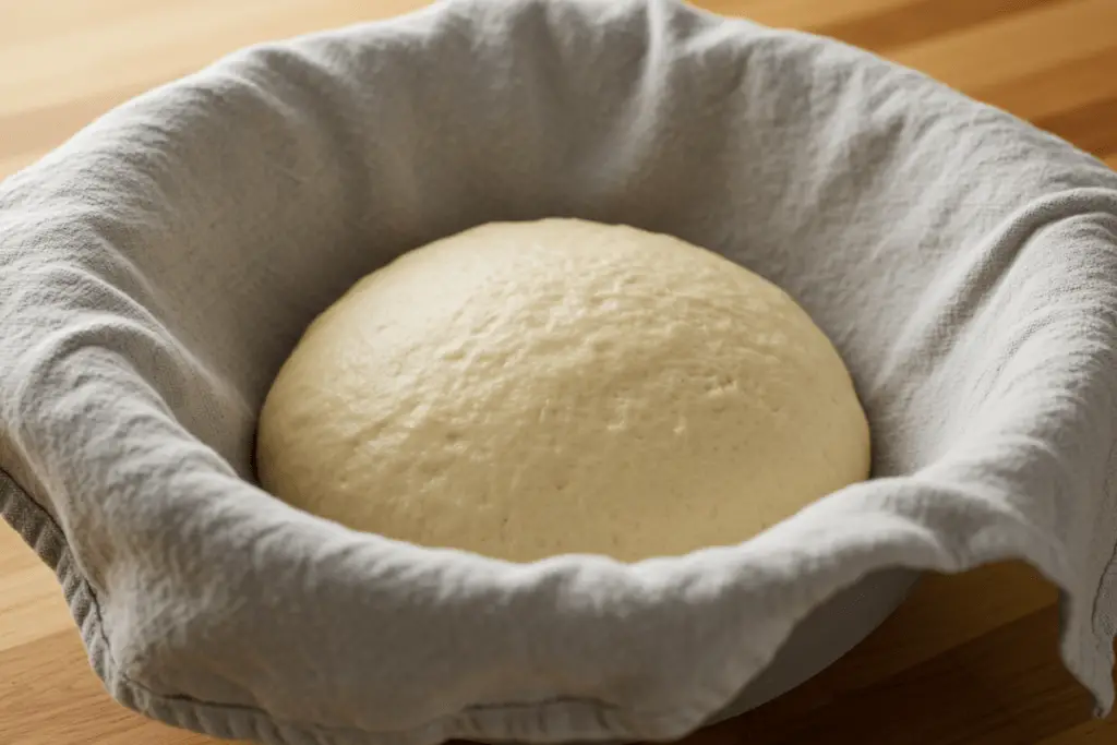 A bowl with pizza dough covered by a cloth, rising at room temperature, developing flavor and texture for the perfect crust.