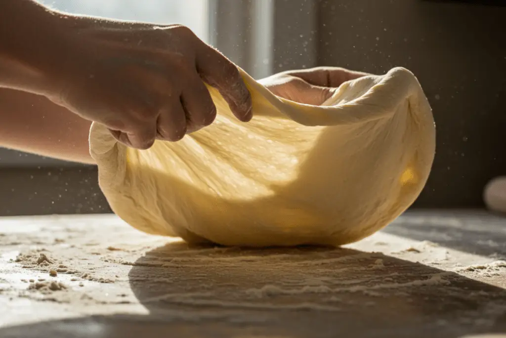 Hands stretching pizza dough on a floured surface, shaping it into a thin and round base for an authentic Italian pizza.