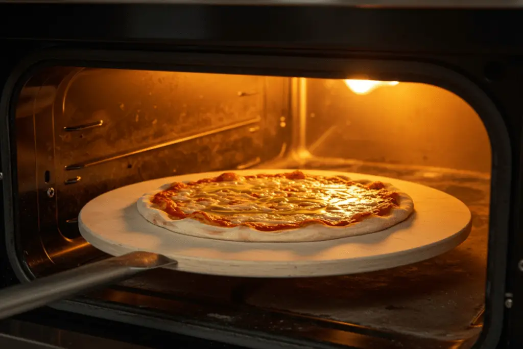 A pizza stone heating in the oven as a freshly shaped pizza dough is slid in, preparing for a crispy and authentic Italian pizza crust.