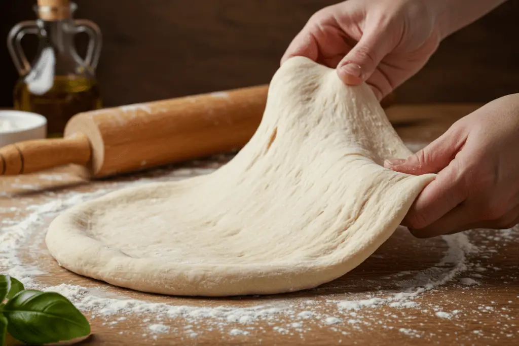 Soft and elastic homemade Italian pizza dough on a floured wooden surface, with a baker’s hands stretching it, surrounded by olive oil, basil, and a rustic kitchen backdrop