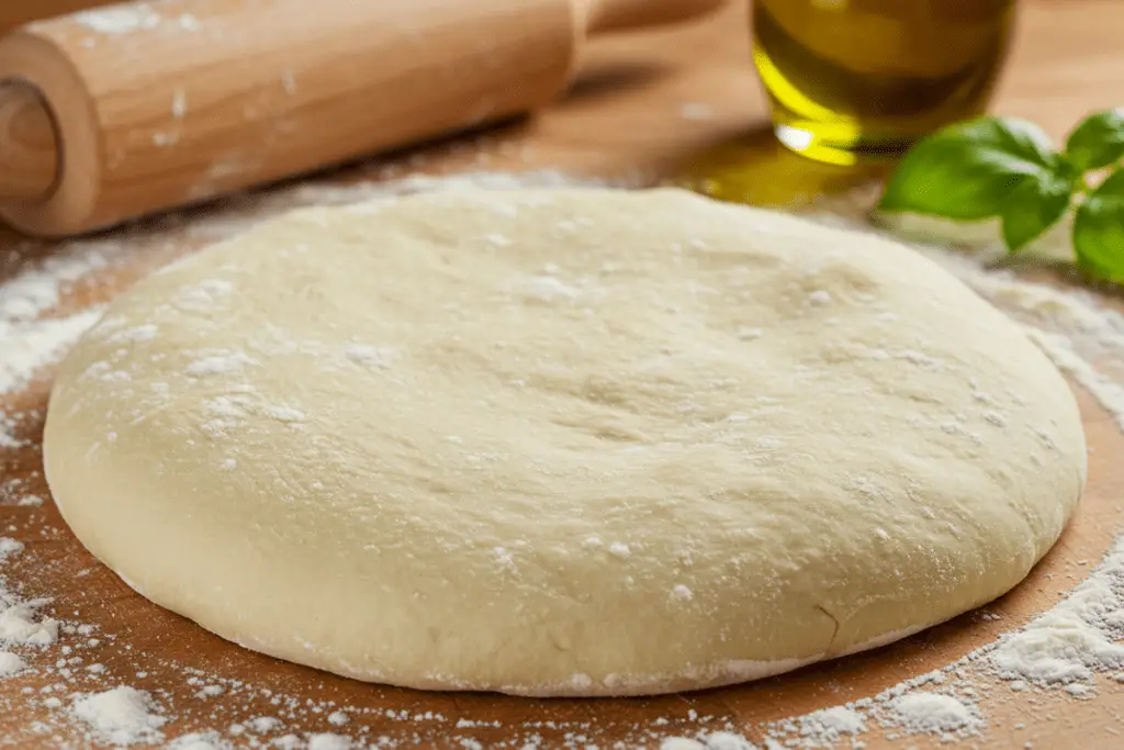 Soft and elastic homemade Italian pizza dough on a floured wooden surface, with a baker’s hands stretching it, surrounded by olive oil, basil, and a rustic kitchen backdrop