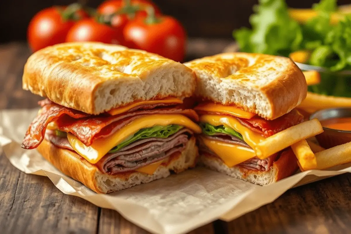 Homemade Jimmy John’s-inspired toasted sandwich with melted cheddar, roast beef, bacon, and fresh lettuce on a golden, toasted sub roll. Served with fries and dipping sauce on a rustic wooden table.