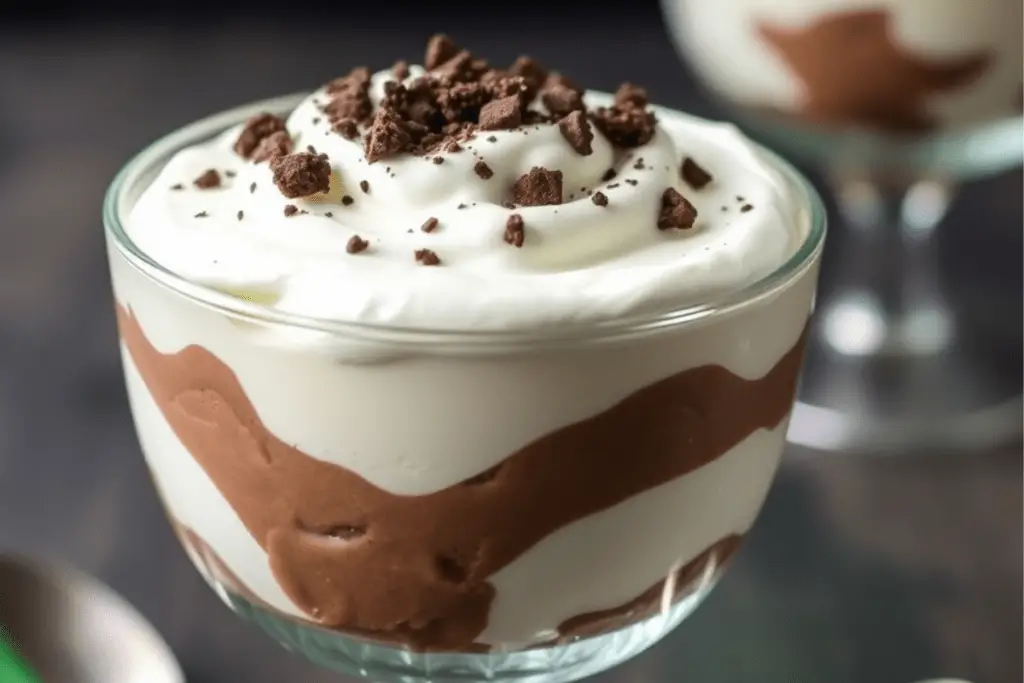 A trifle glass layered with whipped cream and topped with crushed chocolate cookies, adding a creamy and crunchy texture.