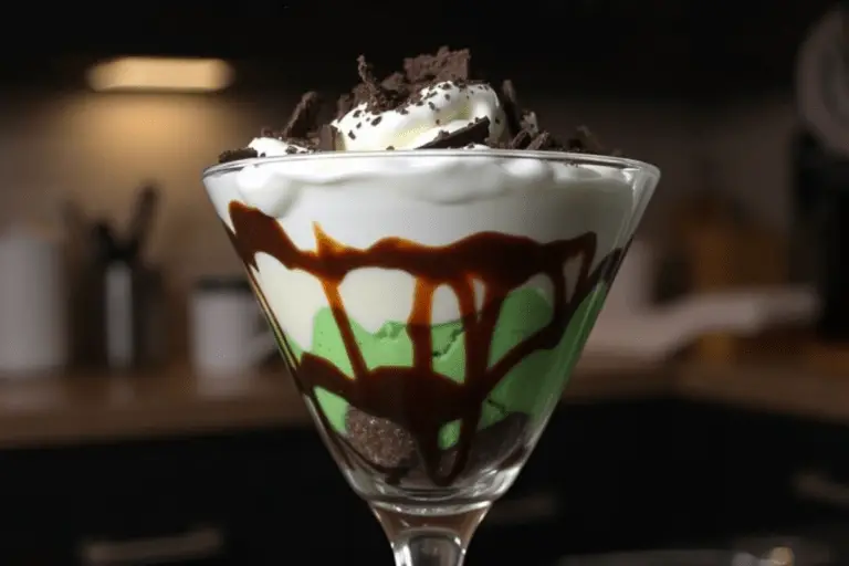 A completed Slytherin Dark Mint Chocolate Trifle in a glass, topped with chocolate shavings, syrup drizzle, and a green candy snake for a magical touch.