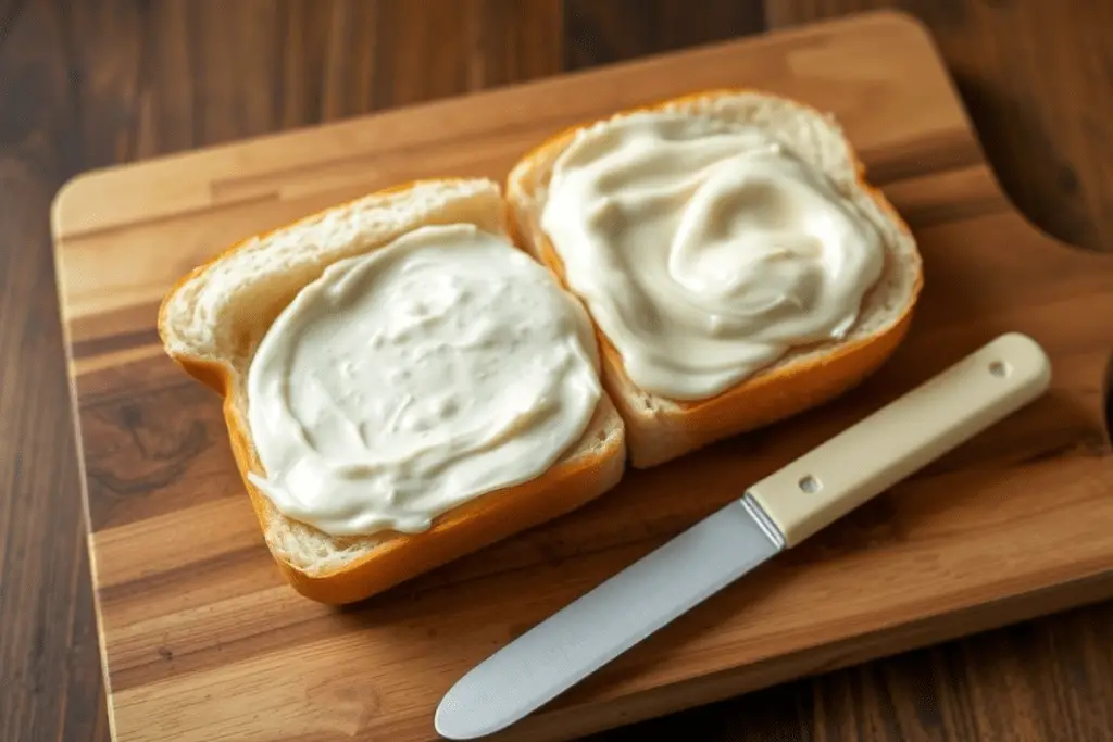 A sandwich roll being sliced open and spread with ranch dressing and mayonnaise, ready for layering ingredients.