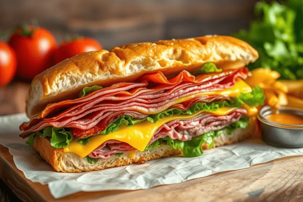 A freshly toasted sandwich sliced in half, showing melted cheese and deli meat layers, served on a wooden board with pickles and sauce.