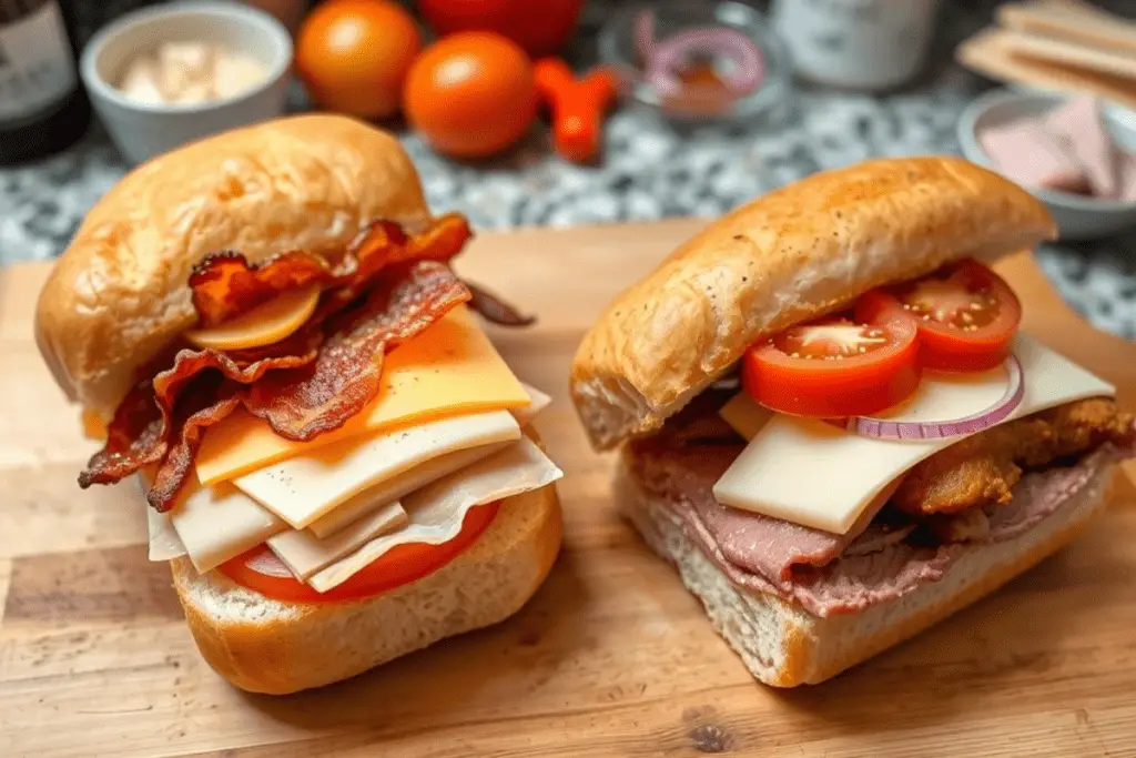 Two sandwiches being assembled with layers of turkey, bacon, cheddar, and roast beef with provolone, topped with fresh tomatoes and onions.