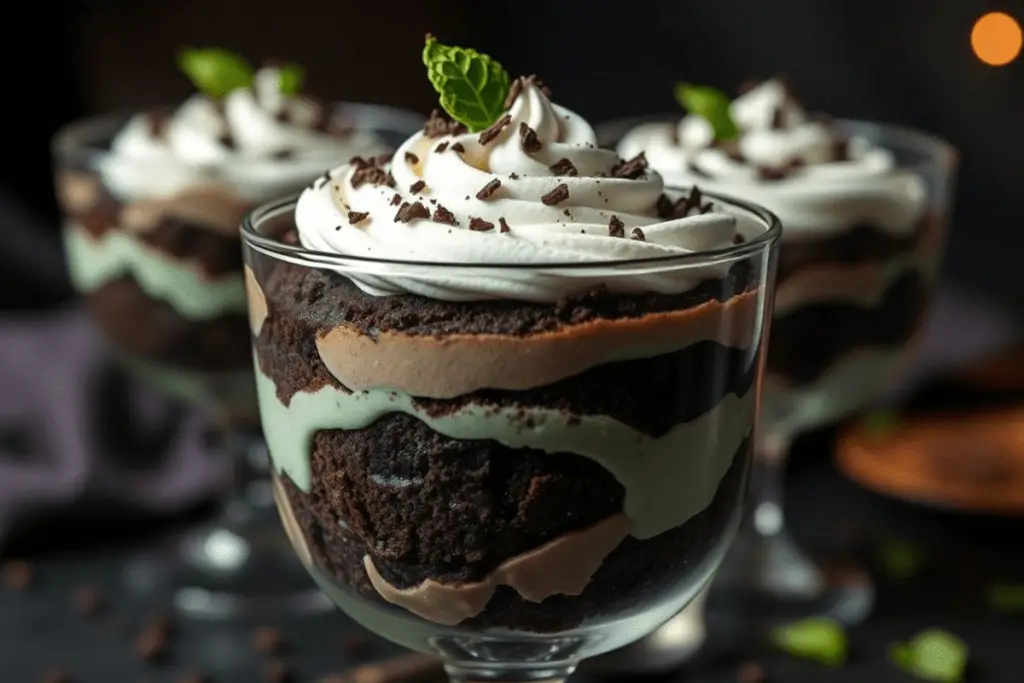 Rich Slytherin-inspired dark mint chocolate trifle with layers of dark chocolate cake, mint mousse, and crushed cookies, topped with whipped cream, chocolate shavings, and a green chocolate snake. Served in a glass with a moody, magical backdrop.