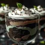 Rich Slytherin-inspired dark mint chocolate trifle with layers of dark chocolate cake, mint mousse, and crushed cookies, topped with whipped cream, chocolate shavings, and a green chocolate snake. Served in a glass with a moody, magical backdrop.