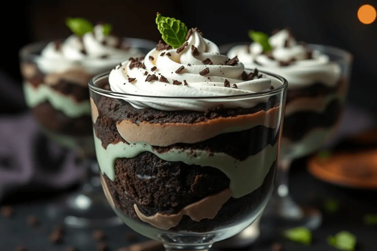 Rich Slytherin-inspired dark mint chocolate trifle with layers of dark chocolate cake, mint mousse, and crushed cookies, topped with whipped cream, chocolate shavings, and a green chocolate snake. Served in a glass with a moody, magical backdrop.