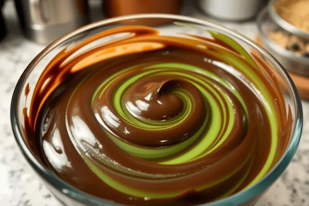 A glass bowl of chocolate pudding being mixed with peppermint extract and green food coloring for a minty twist.