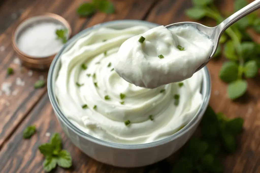 Light and fluffy mint whipped cream with a pale green hue, garnished with fresh mint leaves. Served in a bowl with soft natural lighting on a rustic wooden countertop.