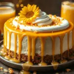 Decadent Hufflepuff Butterbeer cheesecake with a buttery graham cracker crust, drizzled with honey caramel, and topped with whipped cream and honeycomb candy. Served in a cozy, rustic setting with warm golden lighting.