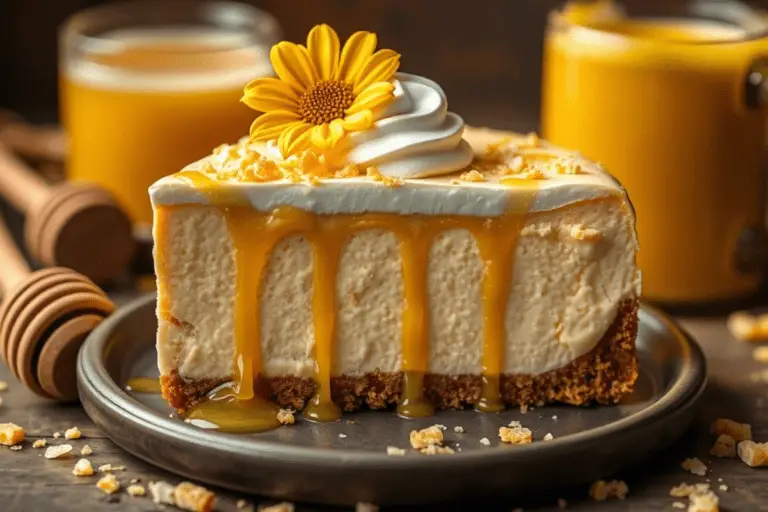 Decadent Hufflepuff Butterbeer cheesecake Slice with a buttery graham cracker crust, drizzled with honey caramel, and topped with whipped cream and honeycomb candy. Served in a cozy, rustic setting with warm golden lighting.