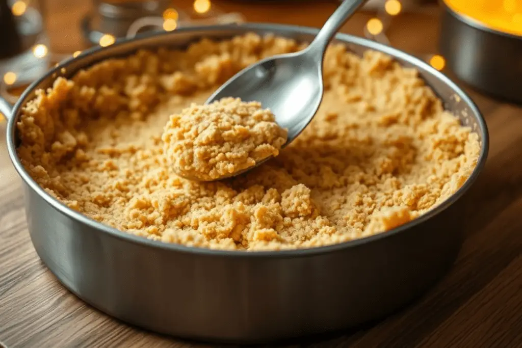 A springform pan with a golden graham cracker crust being pressed evenly for a crisp and flavorful base.