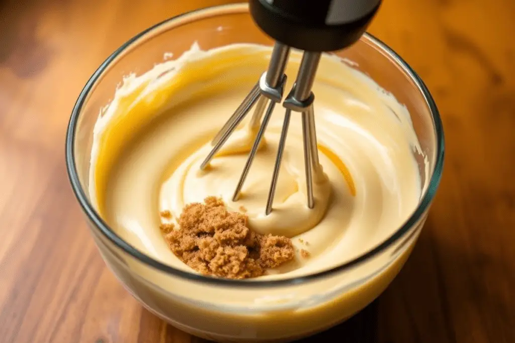 A mixing bowl with butterbeer-infused cheesecake batter being blended to a smooth, creamy consistency.