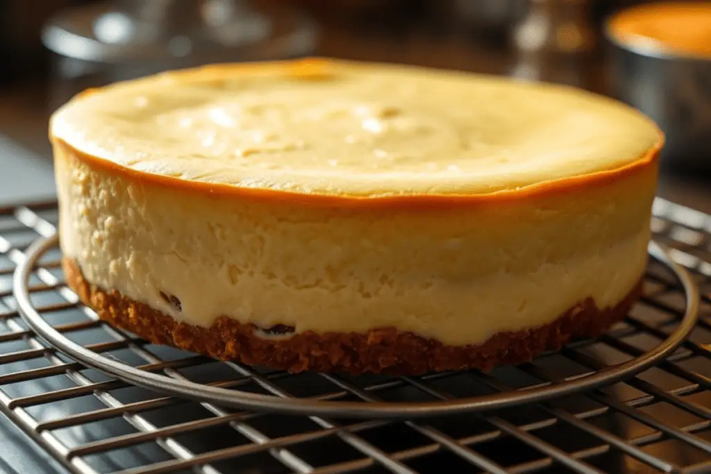 A freshly baked butterbeer cheesecake cooling on a rack, with a golden, smooth top and a rich, creamy texture.