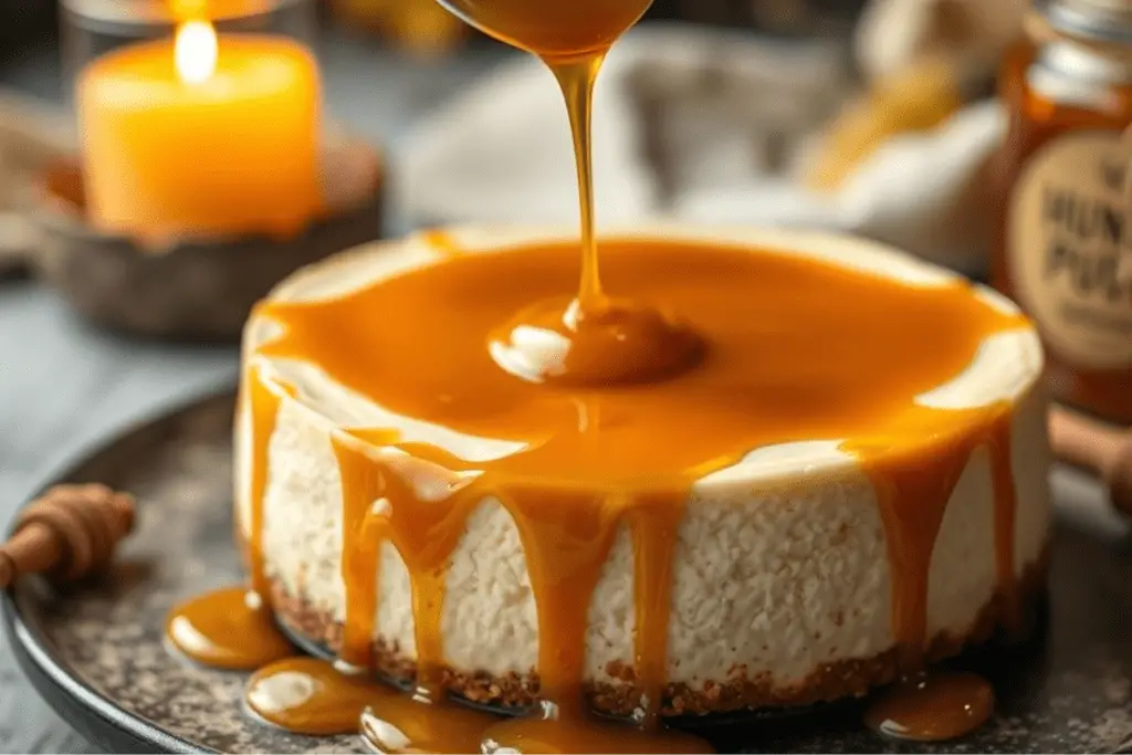 A rich honey caramel drizzle cascading over a butterbeer cheesecake, creating a glossy, golden finish.