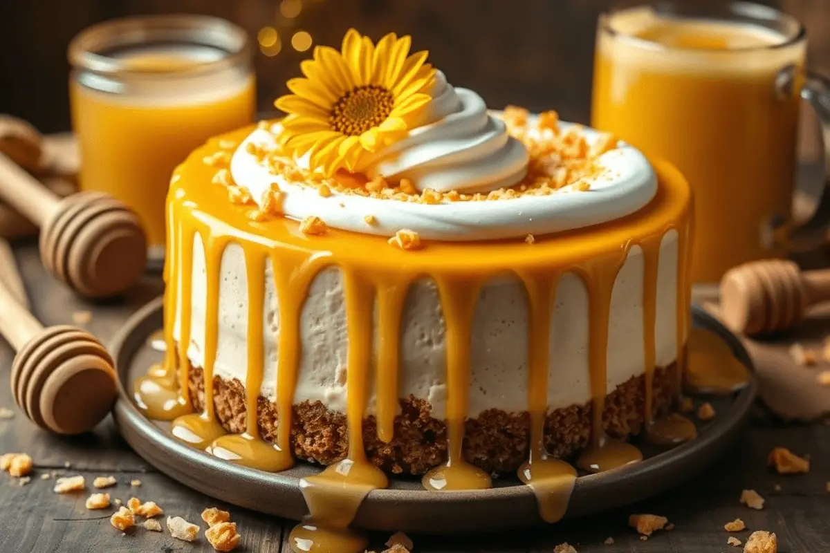 Decadent Hufflepuff Butterbeer cheesecake with a buttery graham cracker crust, drizzled with honey caramel, and topped with whipped cream and honeycomb candy. Served in a cozy, rustic setting with warm golden lighting.