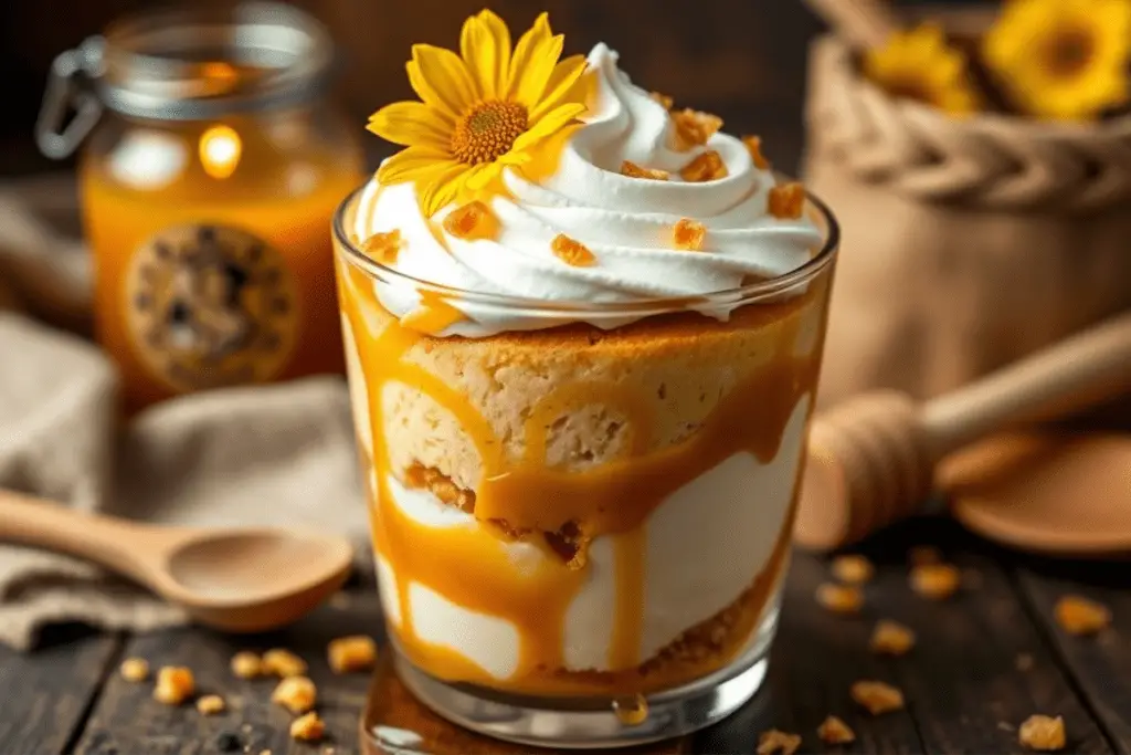 Delicious Hufflepuff honey caramel trifle layered with vanilla cake, caramel pudding, and golden honey, topped with whipped cream, honeycomb pieces, and an edible sunflower. Served in a glass with a cozy, rustic ambiance.