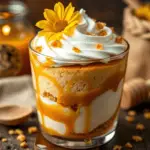 Delicious Hufflepuff honey caramel trifle layered with vanilla cake, caramel pudding, and golden honey, topped with whipped cream, honeycomb pieces, and an edible sunflower. Served in a glass with a cozy, rustic ambiance.