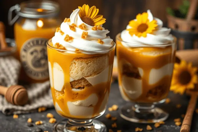 Delicious Hufflepuff honey caramel trifle layered with vanilla cake, caramel pudding, and golden honey, topped with whipped cream, honeycomb pieces, and an edible sunflower. Served in a glass with a cozy, rustic ambiance.