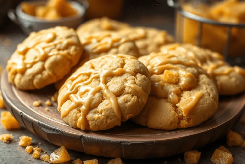 Diabetic-friendly Butterbeer cookies with sugar-free honeycomb pieces and a light butterscotch drizzle. Arranged on a rustic wooden plate with warm golden lighting, capturing the cozy and loyal essence of Hufflepuff House.