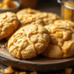 Diabetic-friendly Butterbeer cookies with sugar-free honeycomb pieces and a light butterscotch drizzle. Arranged on a rustic wooden plate with warm golden lighting, capturing the cozy and loyal essence of Hufflepuff House.