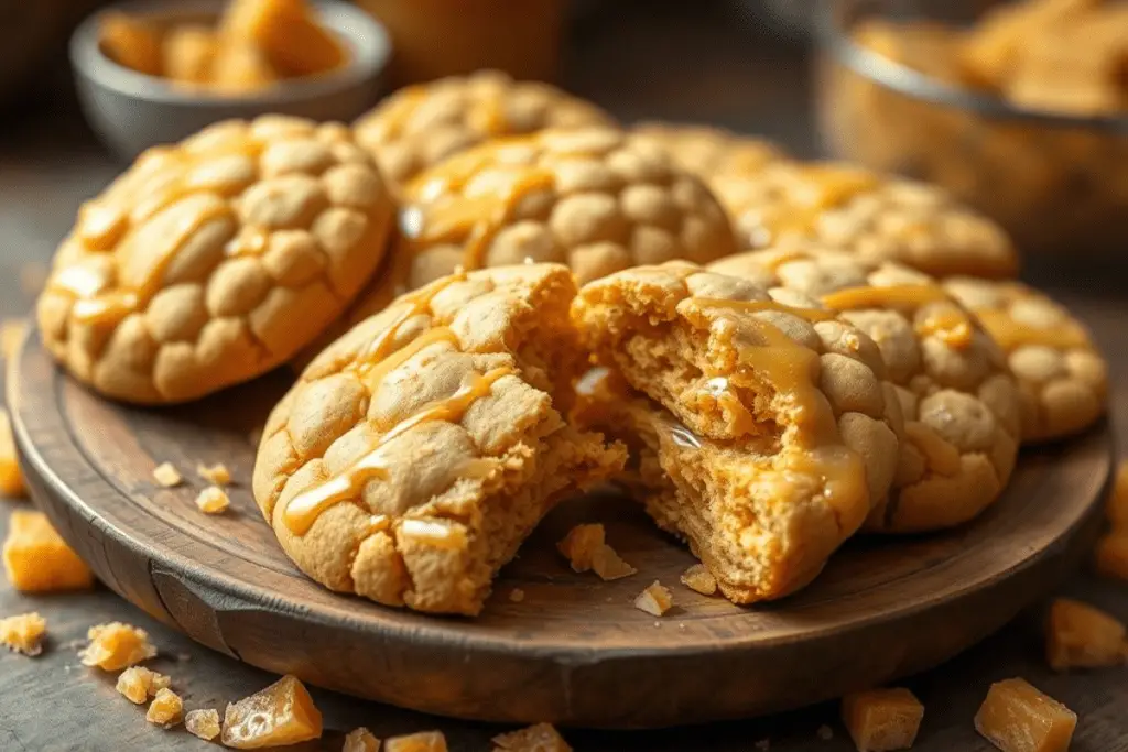 Diabetic-friendly Butterbeer cookies with sugar-free honeycomb pieces and a light butterscotch drizzle. Arranged on a rustic wooden plate with warm golden lighting, capturing the cozy and loyal essence of Hufflepuff House.