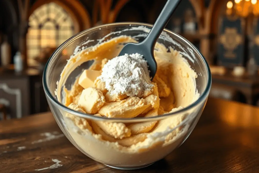 A mixing bowl with butterbeer cookie dough being mixed, using diabetic-friendly ingredients like almond flour and sugar-free sweetener.