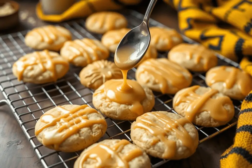 A wire rack with freshly baked butterbeer cookies being drizzled with sugar-free butterscotch glaze, creating a rich and golden treat.