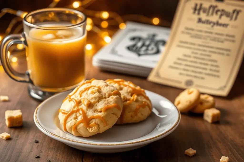 A plate of diabetic-friendly butterbeer cookies with honeycomb pieces and butterscotch drizzle, served alongside a sugar-free butterbeer drink in a magical setting.