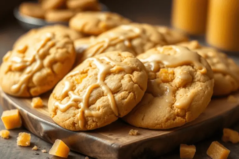 Diabetic-friendly Butterbeer cookies with sugar-free honeycomb pieces and a light butterscotch drizzle. Set on a rustic wooden platter with warm lighting, capturing the cozy essence of Hufflepuff House.