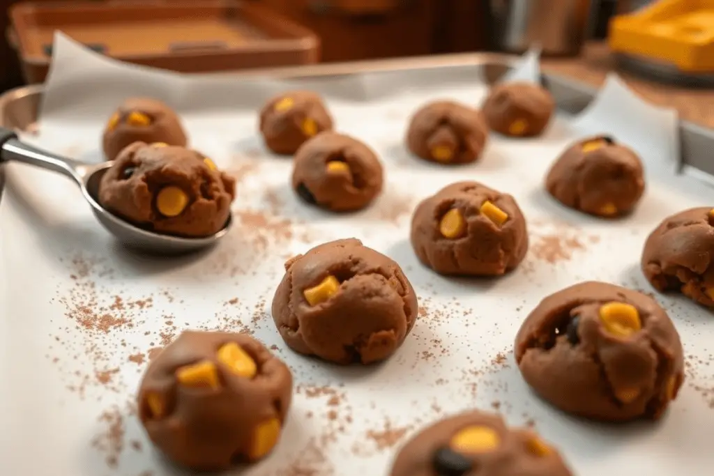 Chocolate cookie dough with honeycomb pieces shaped into rounds on a parchment-lined baking sheet, ready for baking.