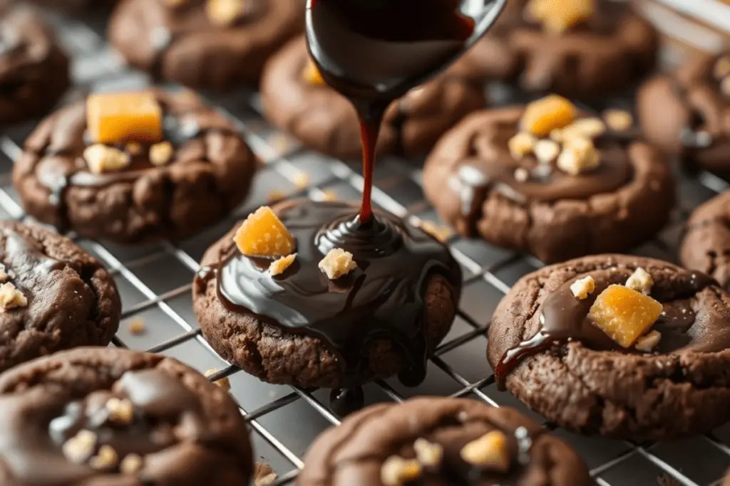 Freshly baked chocolate cookies cooling on a rack, drizzled with glossy black treacle glaze and sprinkled with honeycomb crumbs.