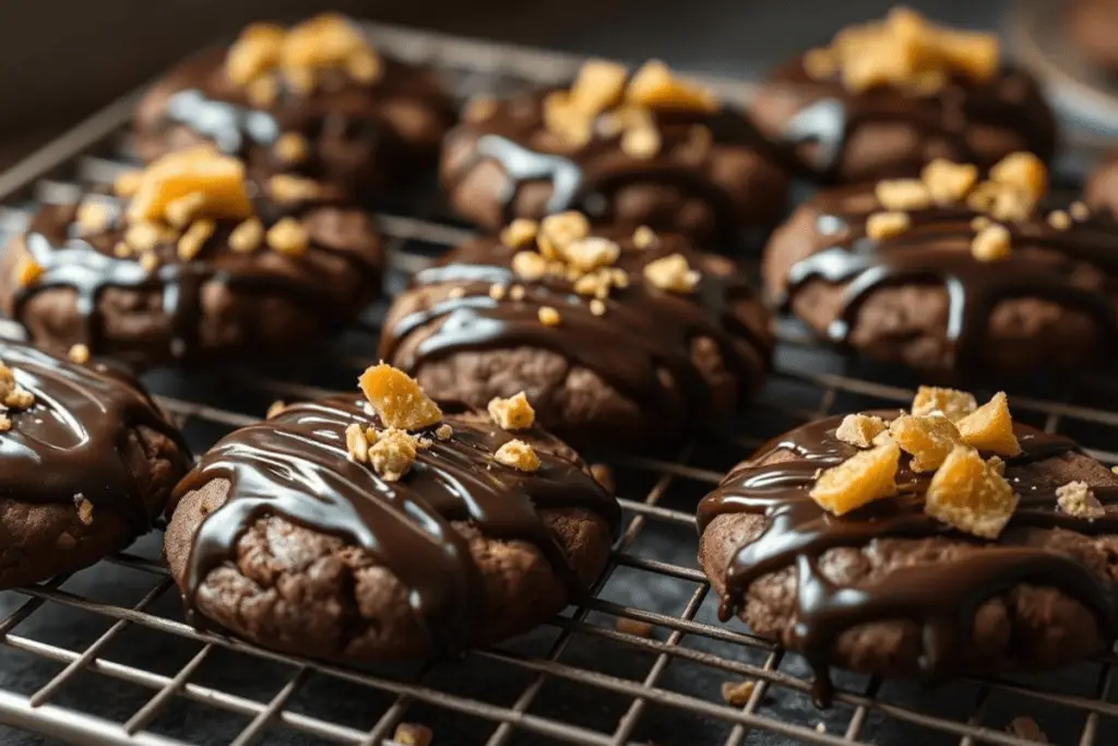 Freshly baked chocolate cookies cooling on a rack, drizzled with glossy black treacle glaze and sprinkled with honeycomb crumbs.