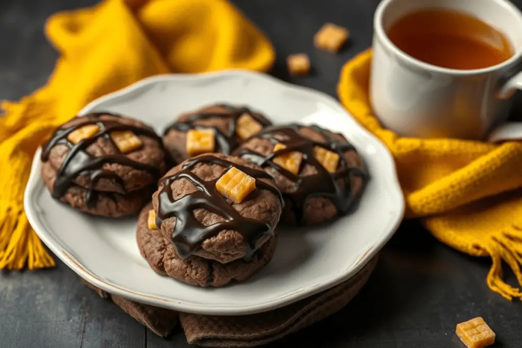 A plate of Hufflepuff-themed chocolate cookies with honeycomb and treacle glaze, served alongside a warm drink in a magical setting.