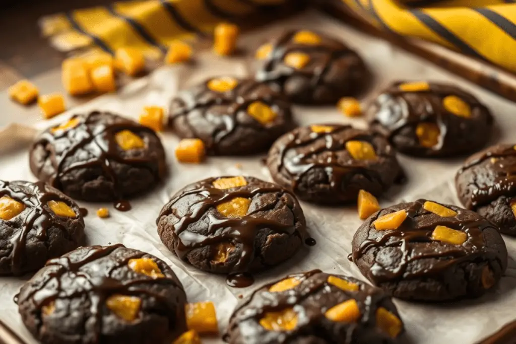 Dark chocolate cookies with golden honeycomb pieces and a glossy treacle drizzle, arranged on a parchment-lined tray. A soft yellow and black cloth in the background subtly nods to Hufflepuff, adding a magical touch.