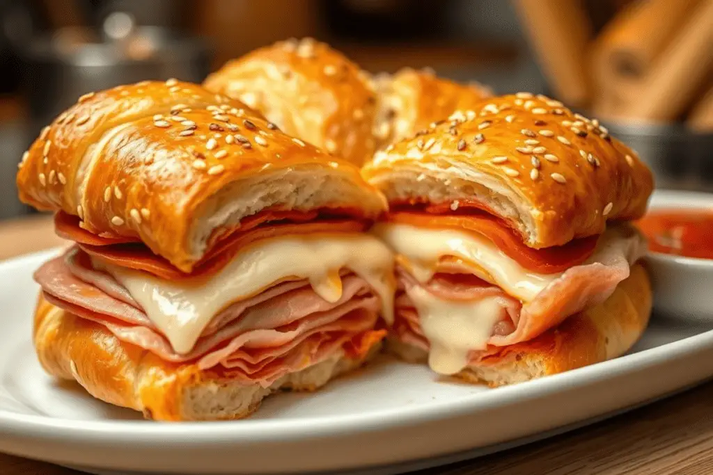 Golden Italian crescent roll sandwich bake layered with melted cheese, ham, salami, and pepperoni, brushed with garlic herb butter. Served with marinara sauce on a rustic wooden board in a cozy kitchen setting.